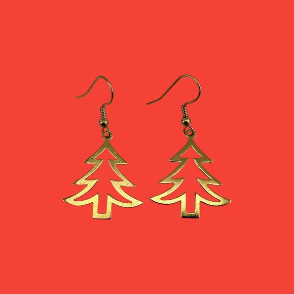 Christmas Tree Cut-out Earrings 24KT Gold Plated Pine Trees Gold Plated Hooks - Picture 5 of 10